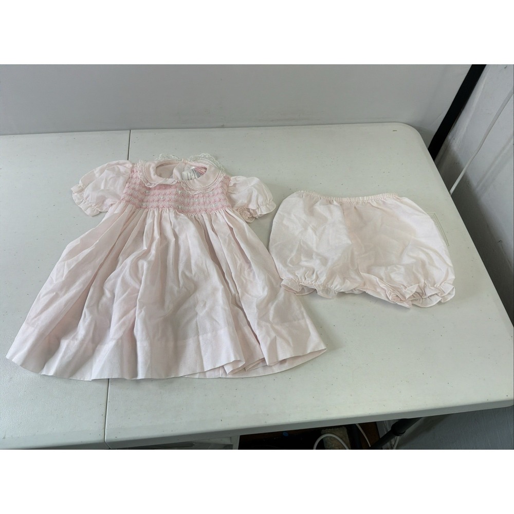 Petit Ami Baby 6 Mo Smocked Pink Dress Diaper Cover Bishop Lace